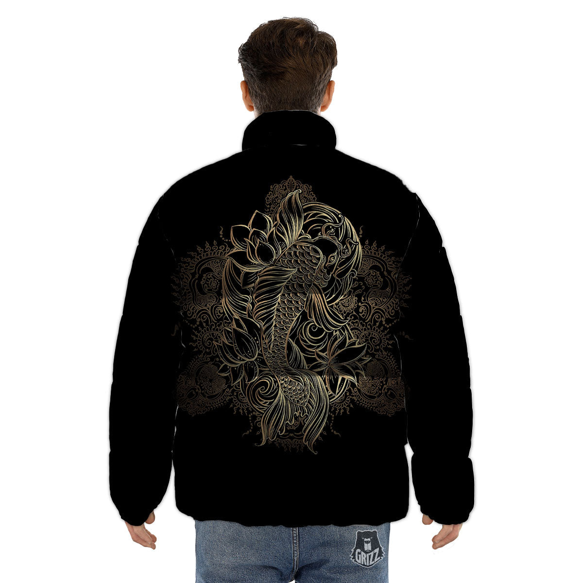 Carp Koi Fish Gold Print Puffer Jacket-grizzshop