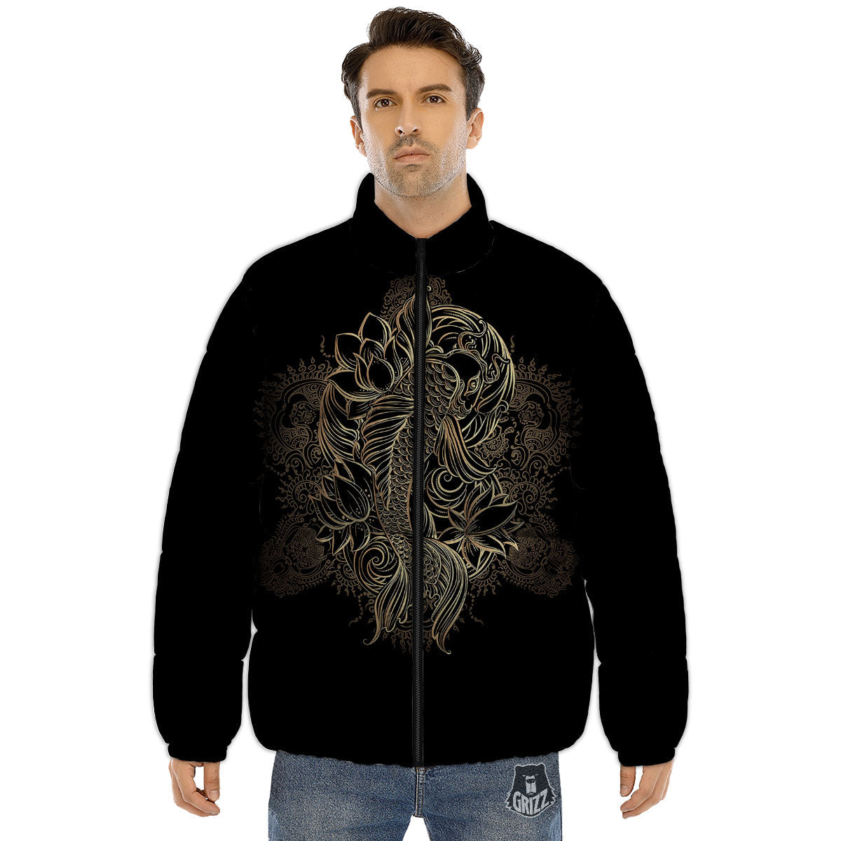 Carp Koi Fish Gold Print Puffer Jacket-grizzshop