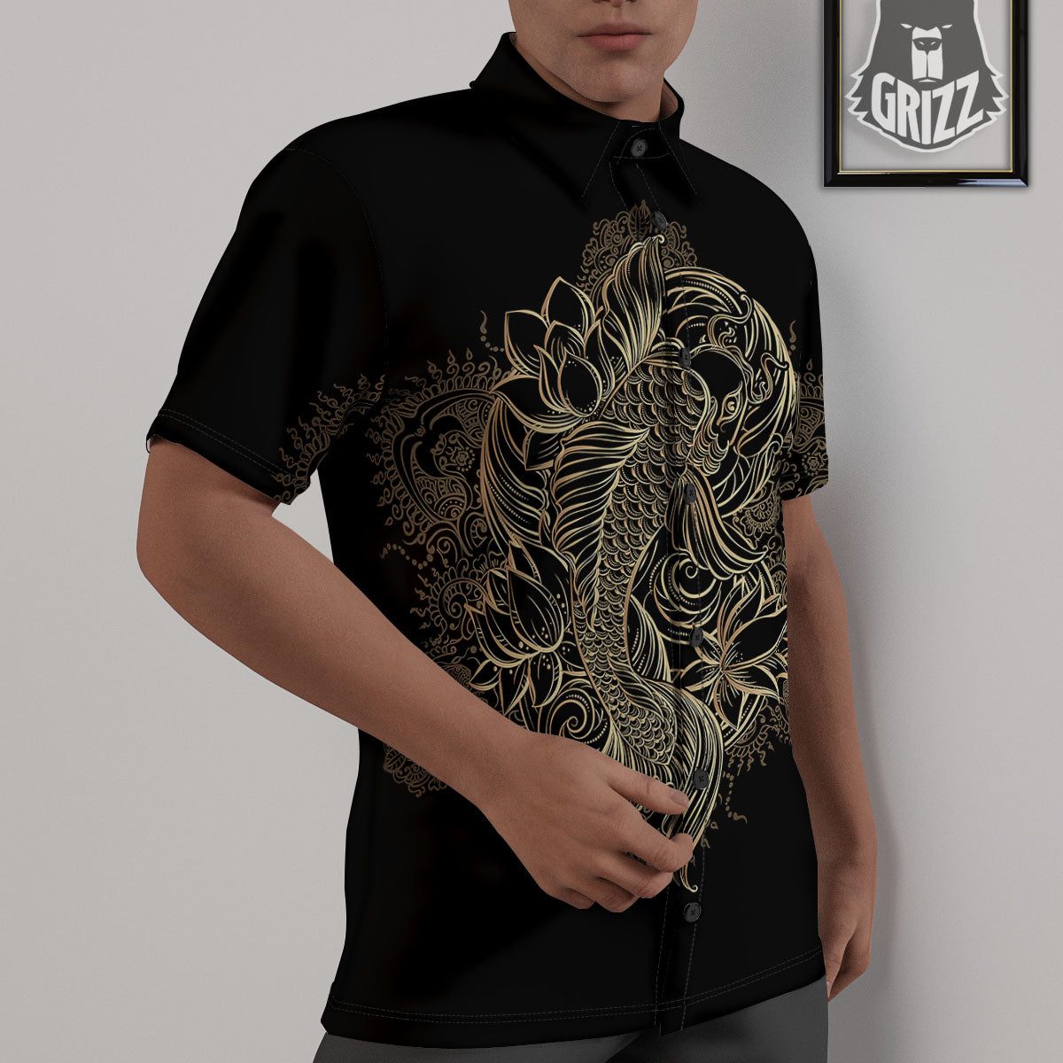 Carp Koi Fish Gold Print Untucked Shirts-grizzshop