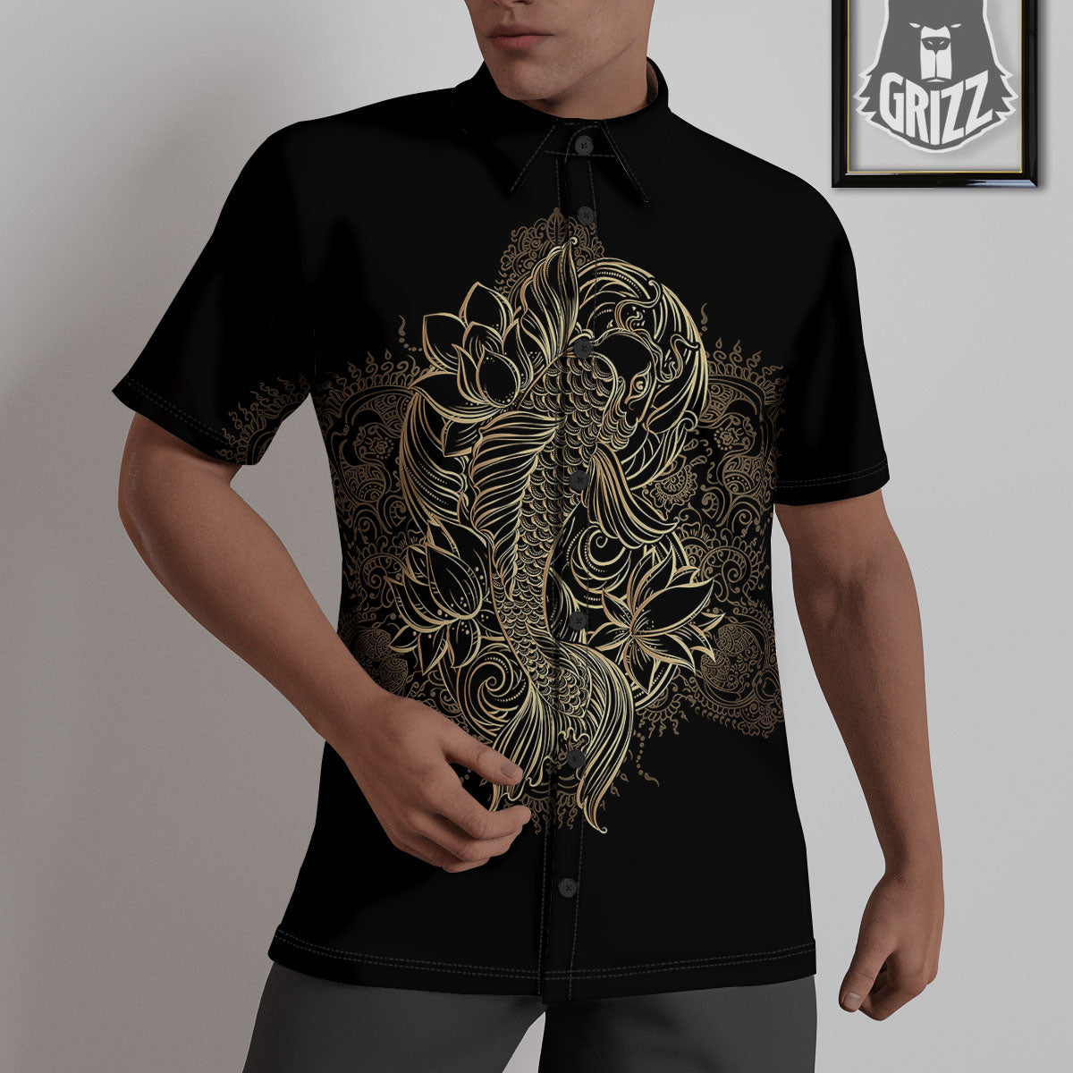 Carp Koi Fish Gold Print Untucked Shirts-grizzshop