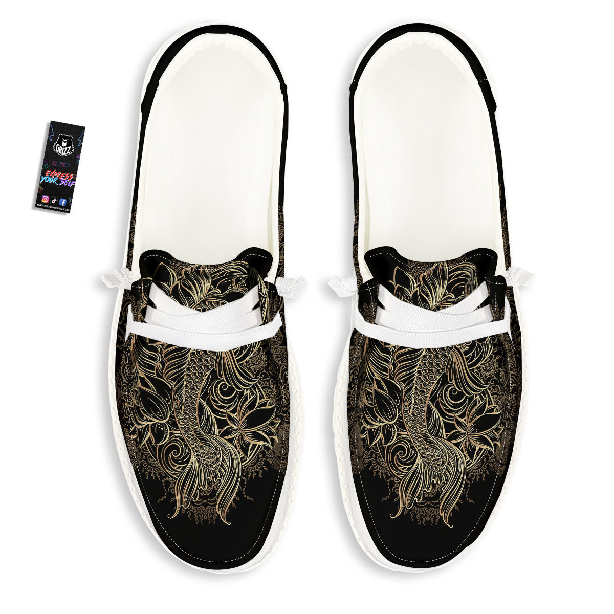 Carp Koi Fish Gold Print White Loafers-grizzshop