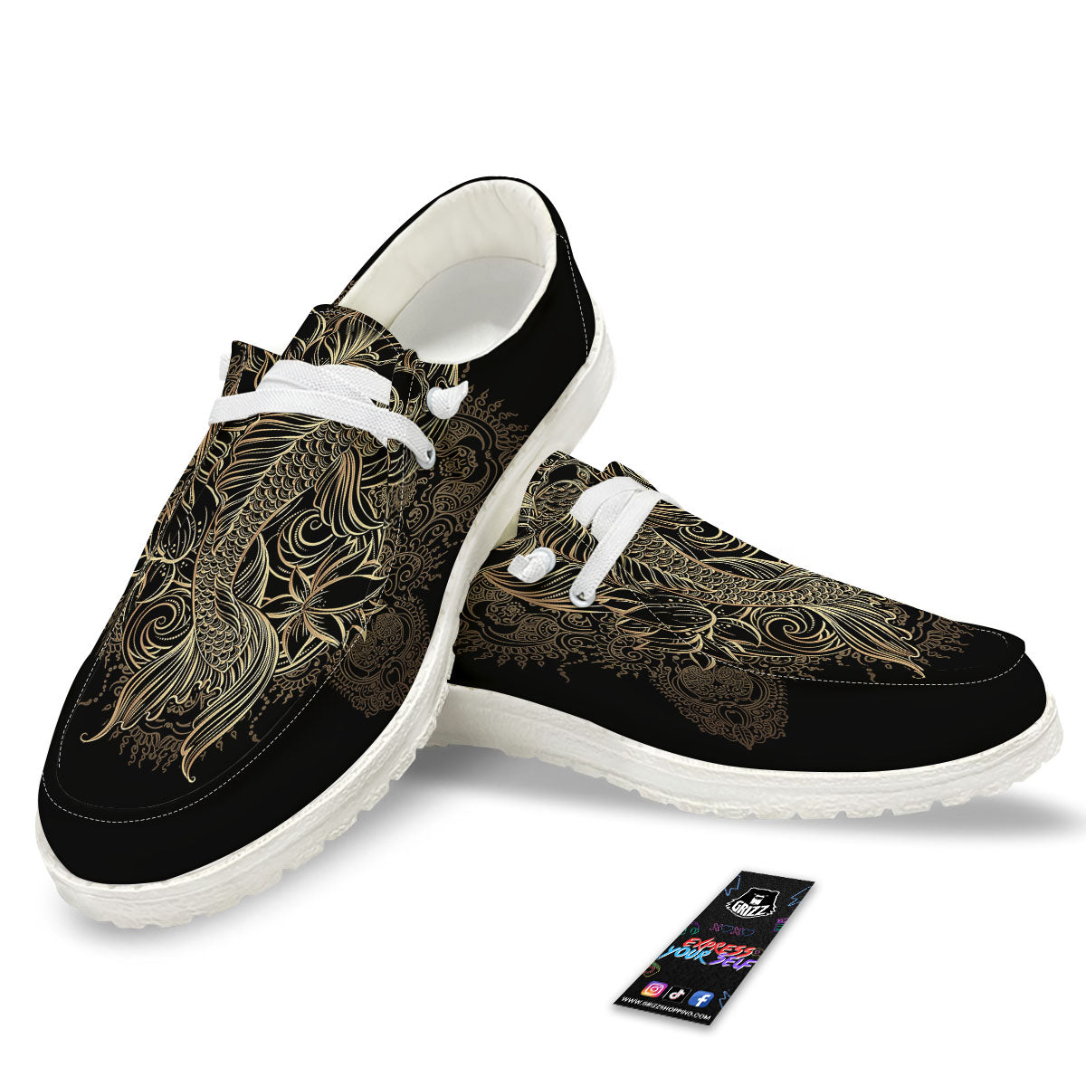 Carp Koi Fish Gold Print White Loafers-grizzshop