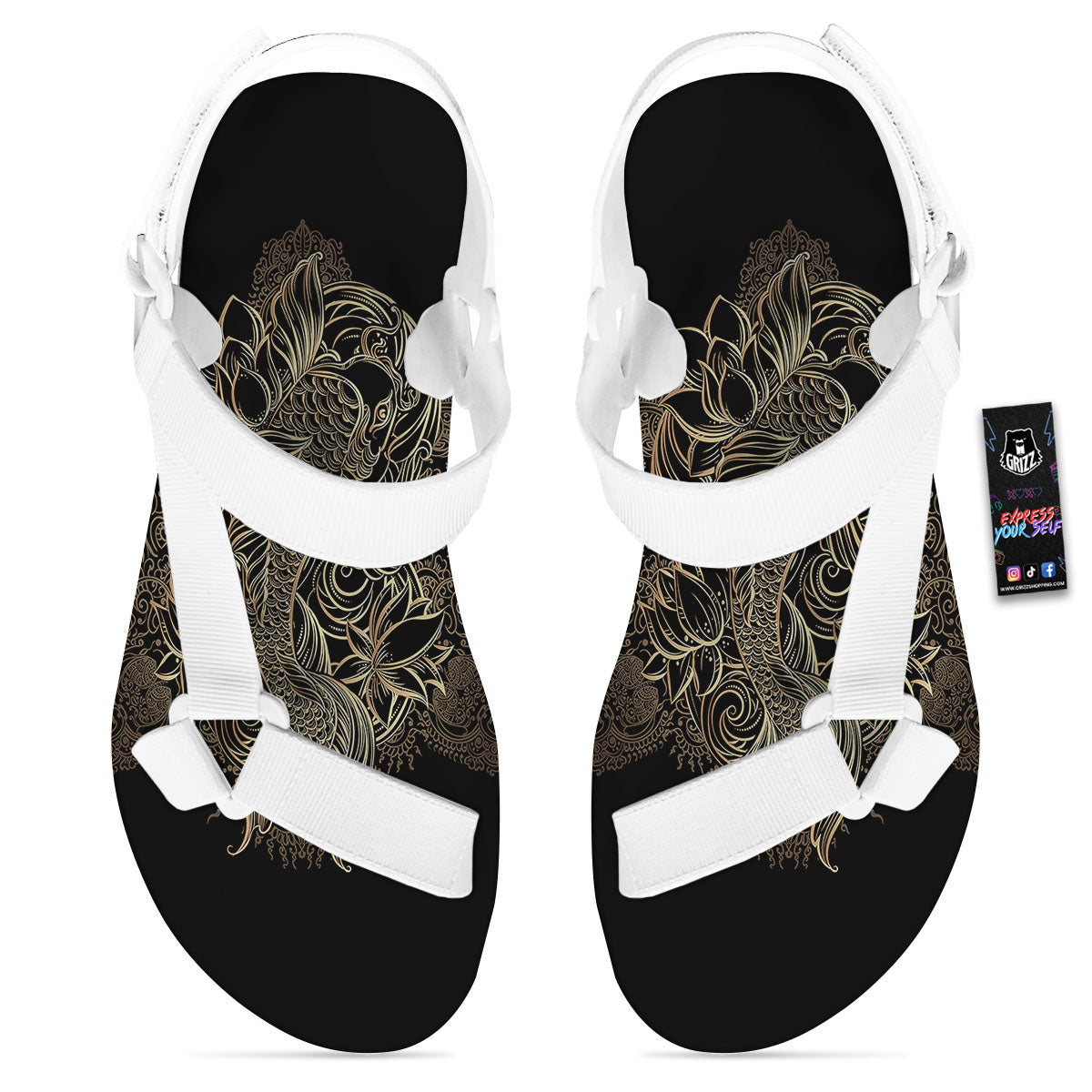 Carp Koi Fish Gold Print White Open Toe Sandals-grizzshop