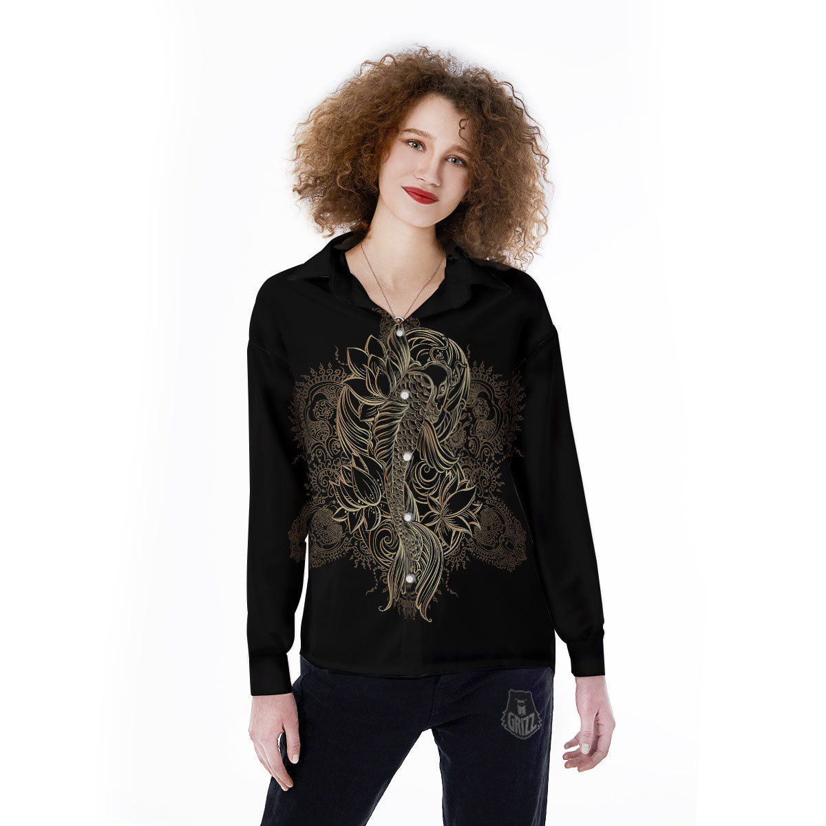 Carp Koi Fish Gold Print Women's Long Sleeve Shirts-grizzshop