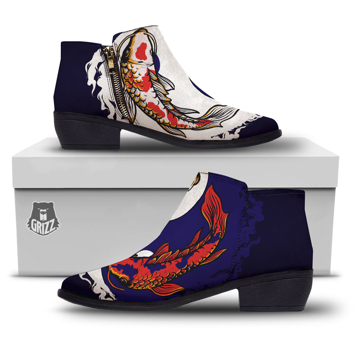 Carp Koi Fish Yin And Yang Print Ankle Boots-grizzshop