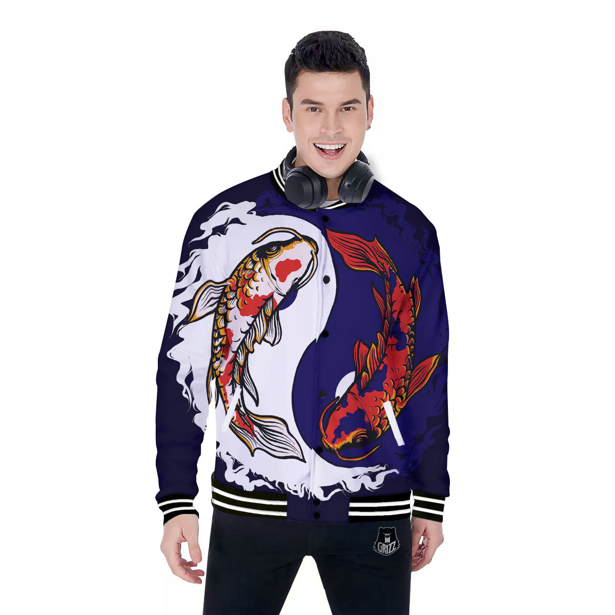 Carp Koi Fish Yin And Yang Print Baseball Jacket-grizzshop