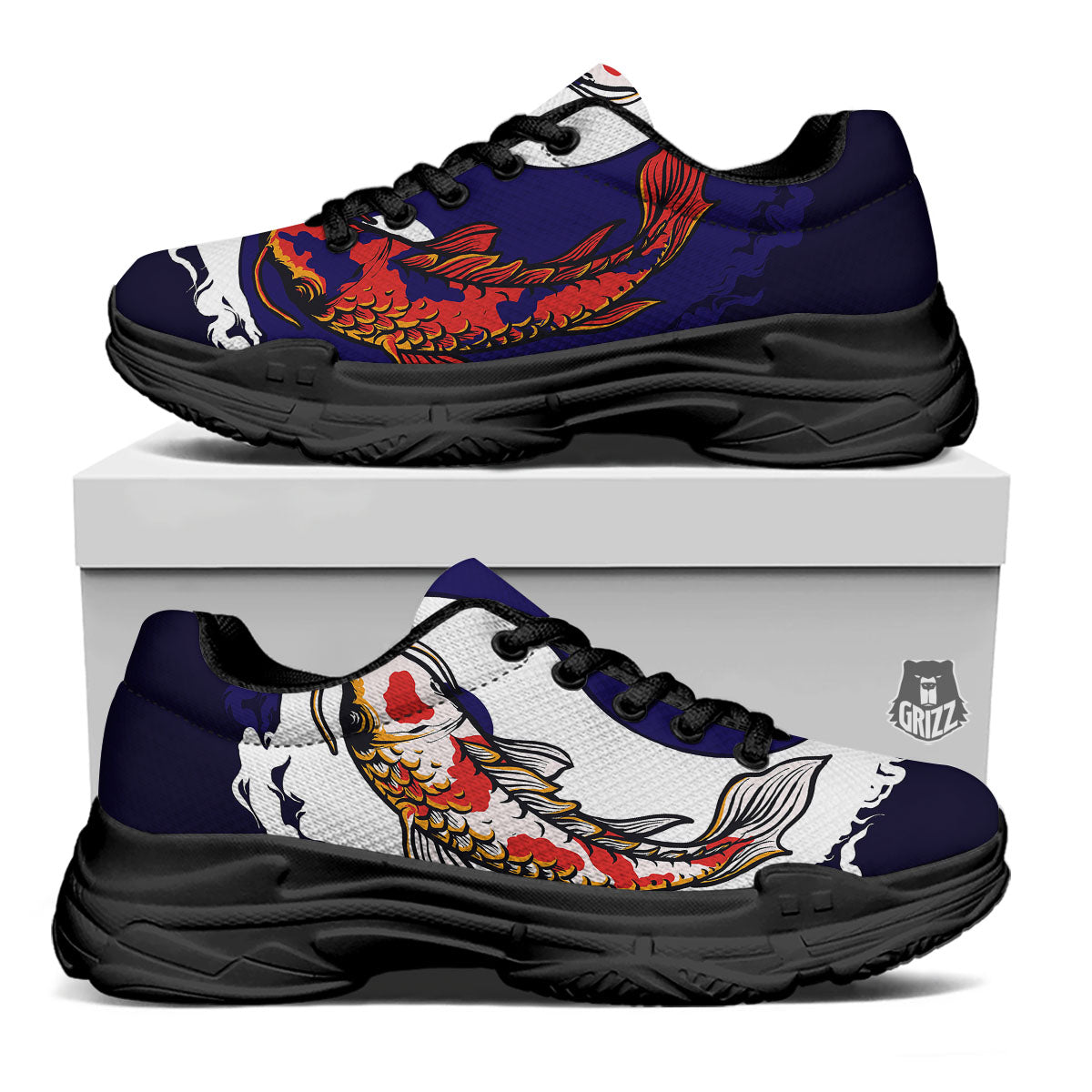 Carp Koi Fish Yin And Yang Print Black Chunky Shoes-grizzshop