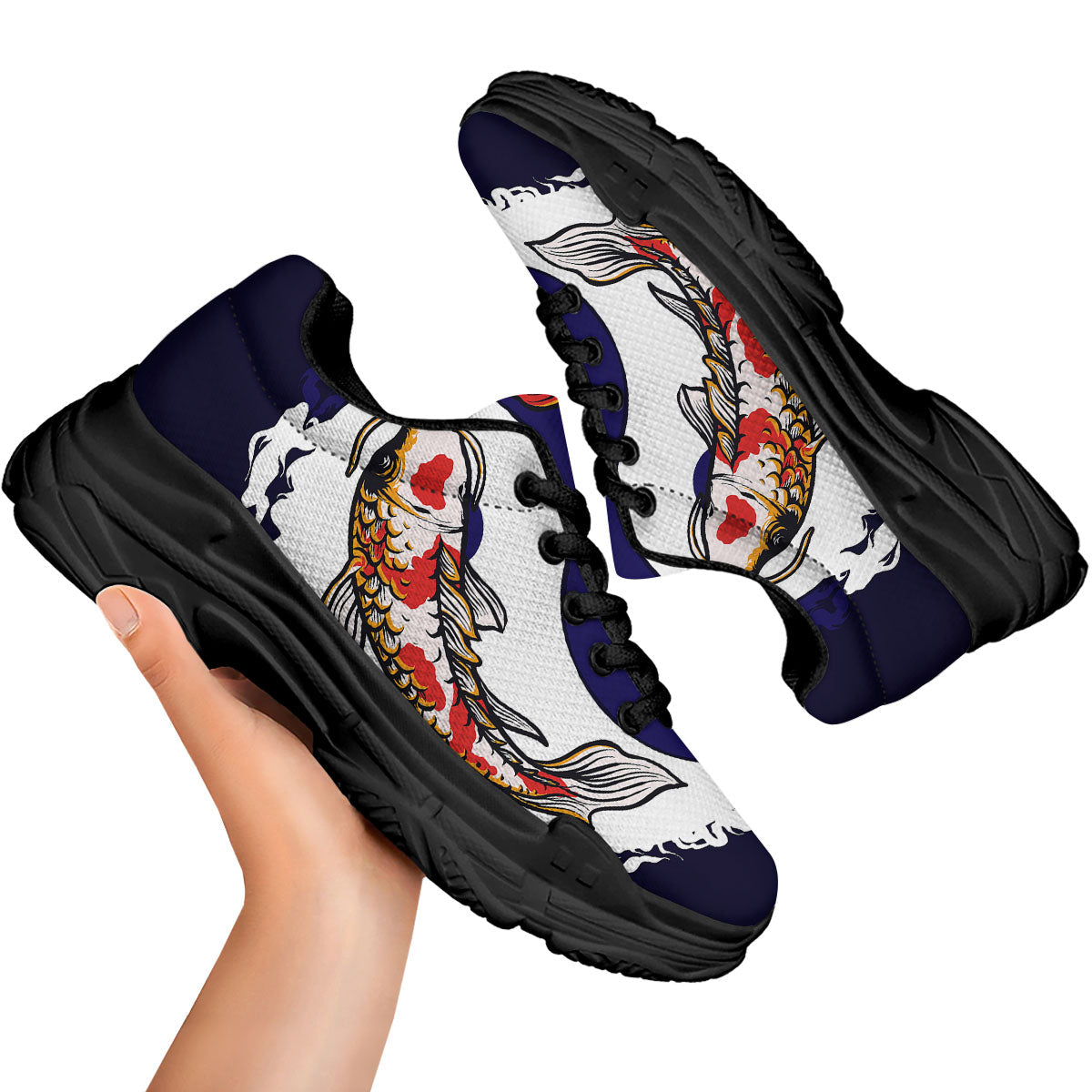 Carp Koi Fish Yin And Yang Print Black Chunky Shoes-grizzshop