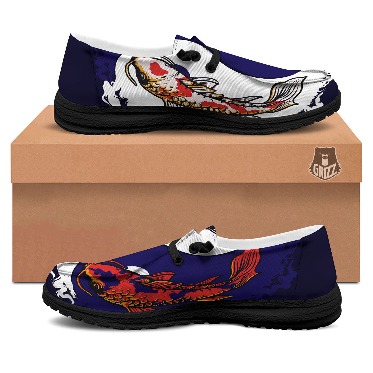 Carp Koi Fish Yin And Yang Print Black Loafers-grizzshop