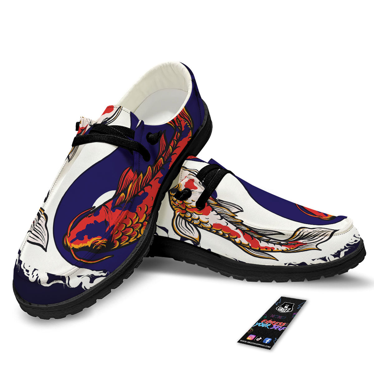 Carp Koi Fish Yin And Yang Print Black Loafers-grizzshop