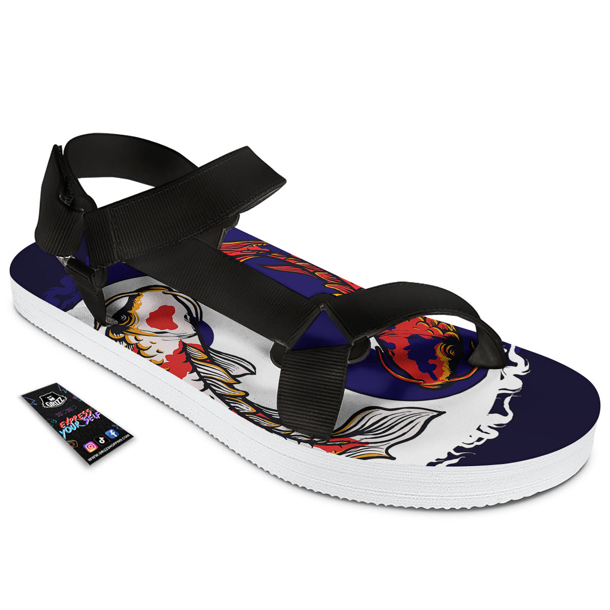 Carp Koi Fish Yin And Yang Print Black Open Toe Sandals-grizzshop