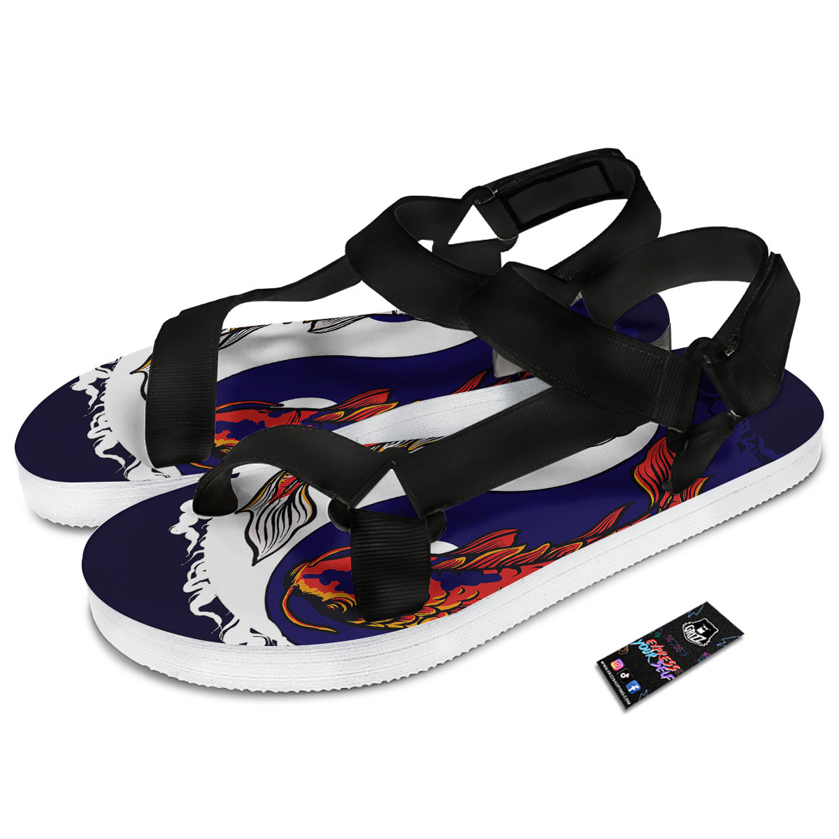 Carp Koi Fish Yin And Yang Print Black Open Toe Sandals-grizzshop