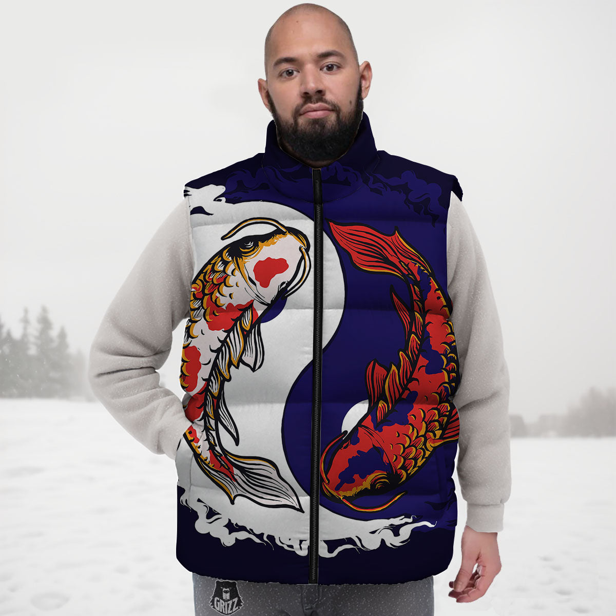 Carp Koi Fish Yin And Yang Print Down Vest