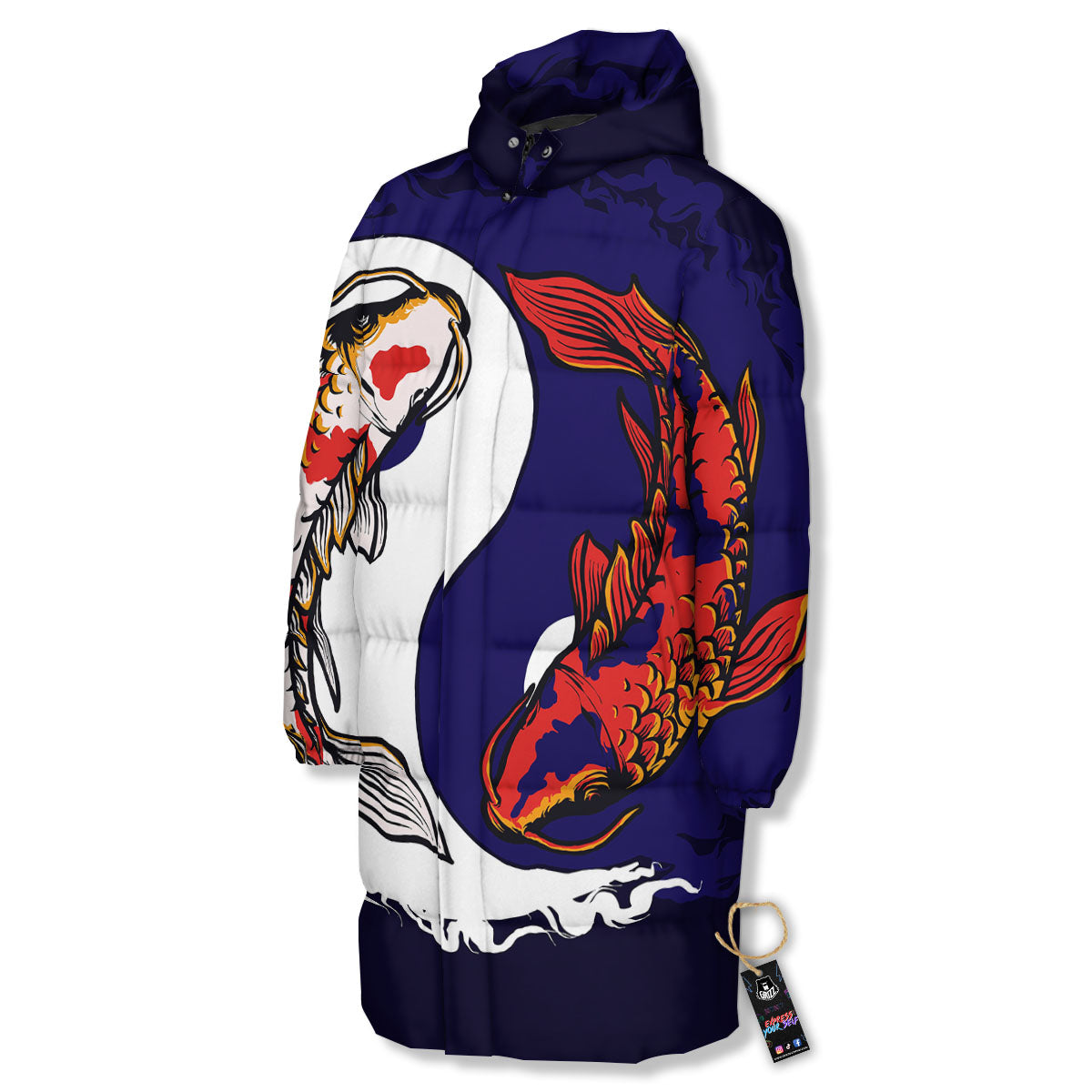 Carp Koi Fish Yin And Yang Print Long Down Jacket-grizzshop
