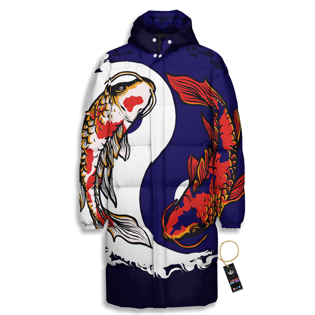 Carp Koi Fish Yin And Yang Print Long Down Jacket-grizzshop