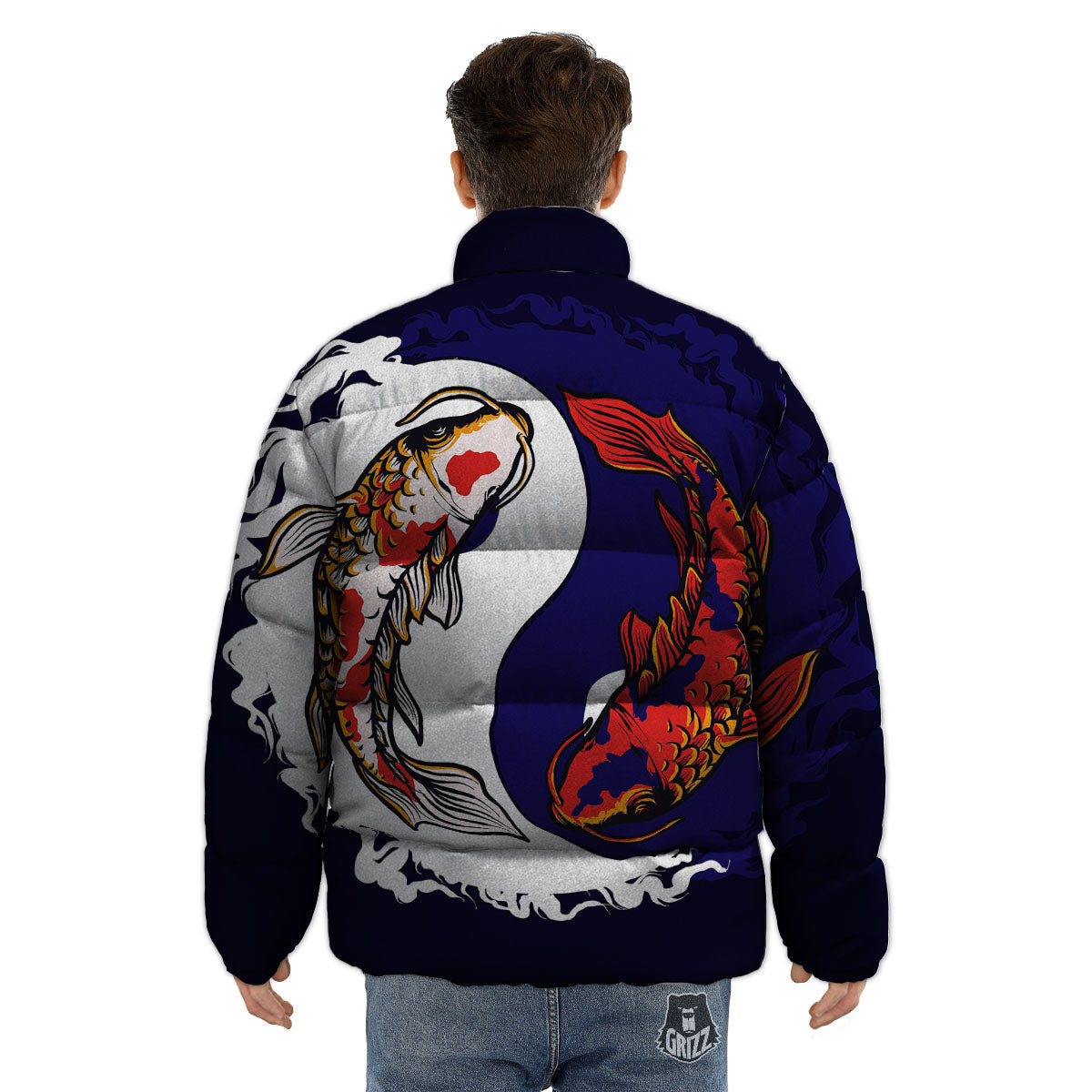 Carp Koi Fish Yin And Yang Print Puffer Jacket-grizzshop
