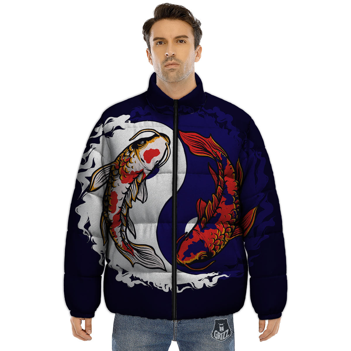 Carp Koi Fish Yin And Yang Print Puffer Jacket-grizzshop
