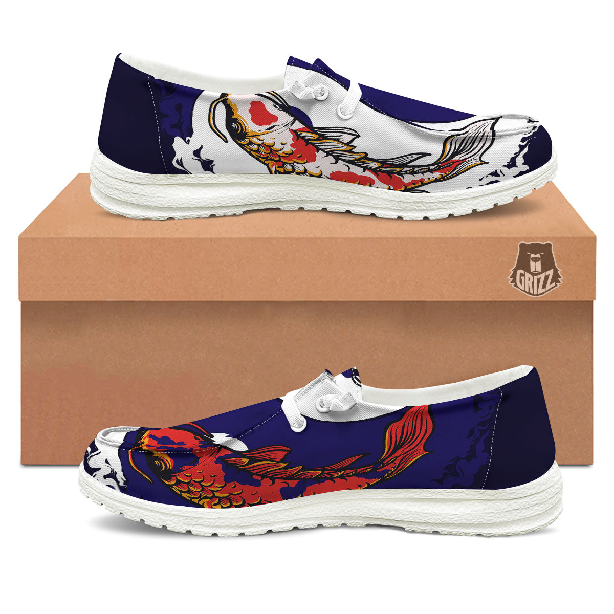 Carp Koi Fish Yin And Yang Print White Loafers-grizzshop