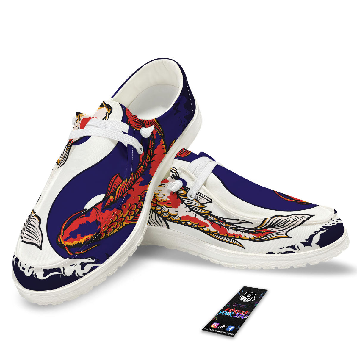 Carp Koi Fish Yin And Yang Print White Loafers-grizzshop