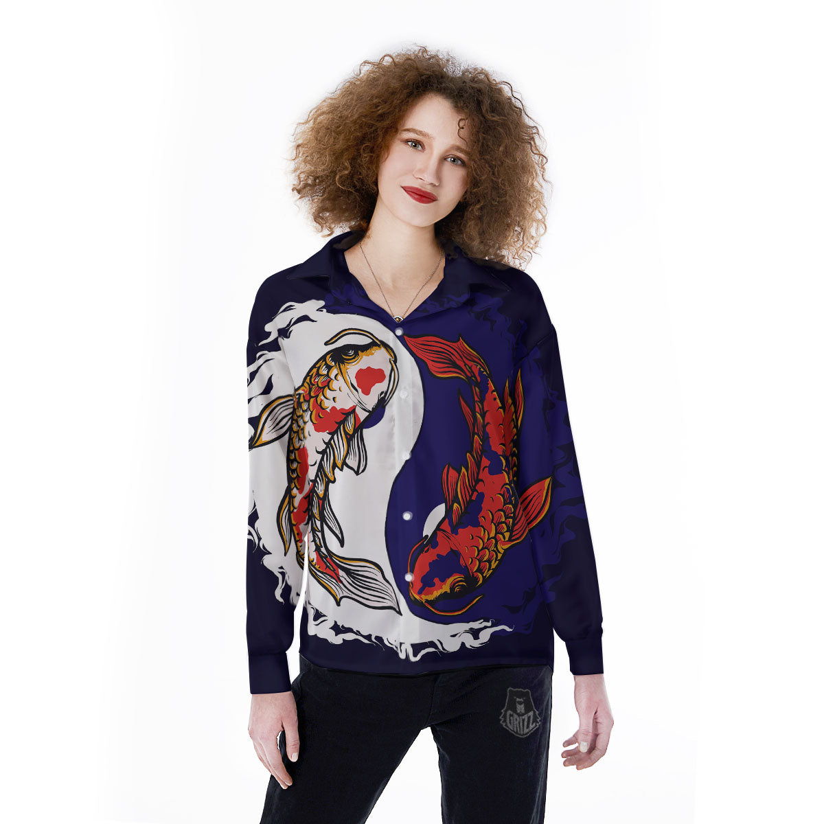 Carp Koi Fish Yin And Yang Print Women's Long Sleeve Shirts-grizzshop