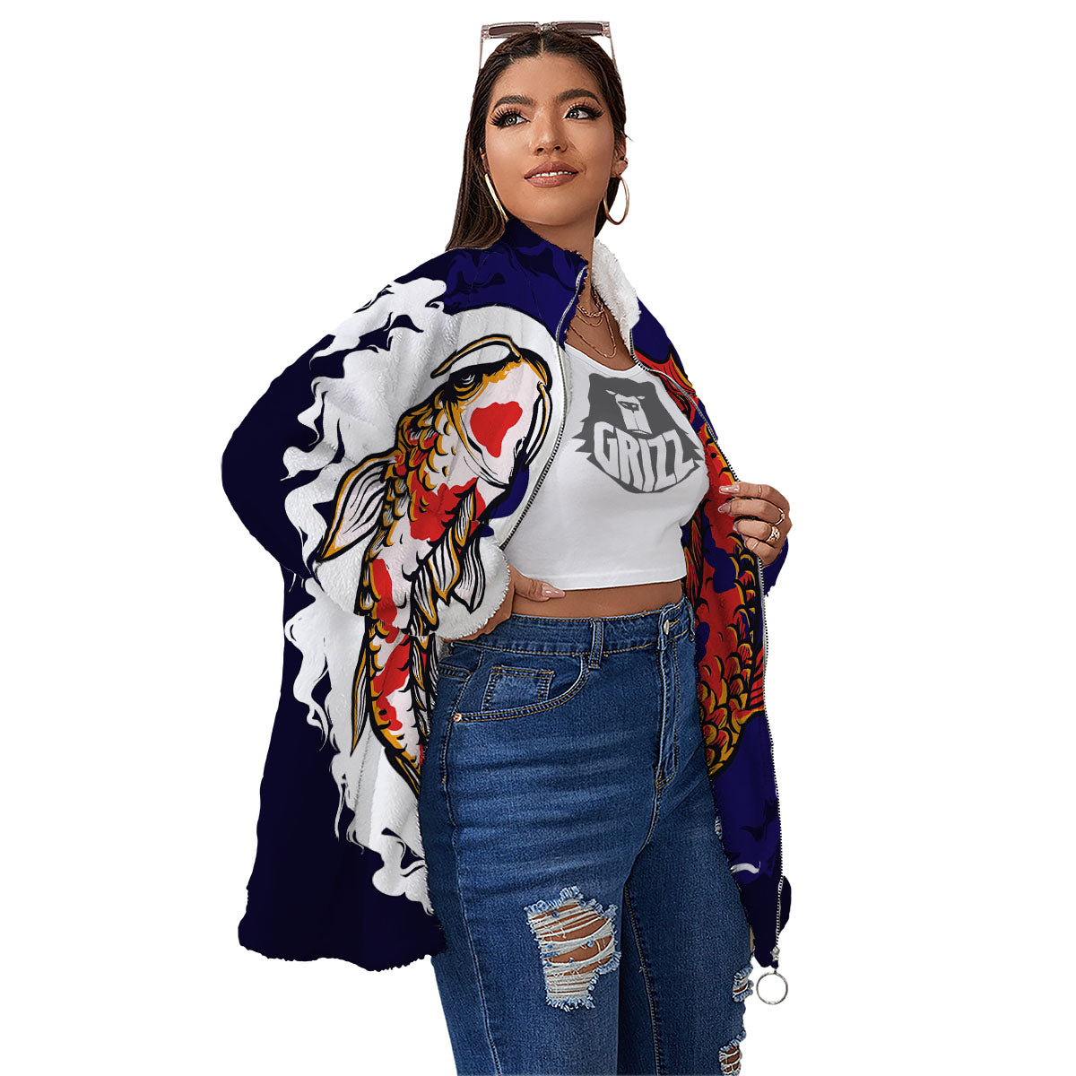 Carp Koi Fish Yin And Yang Print Women's Sherpa Jacket-grizzshop