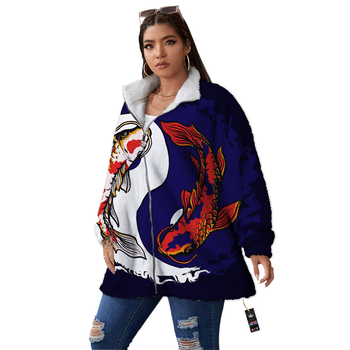 Carp Koi Fish Yin And Yang Print Women's Sherpa Jacket-grizzshop