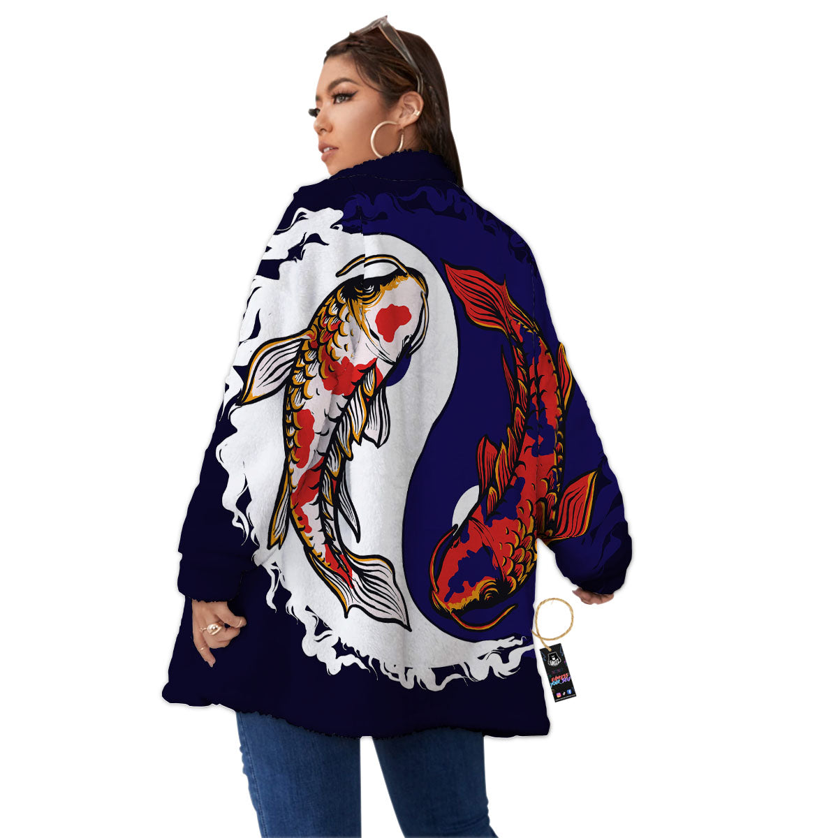 Carp Koi Fish Yin And Yang Print Women's Sherpa Jacket-grizzshop