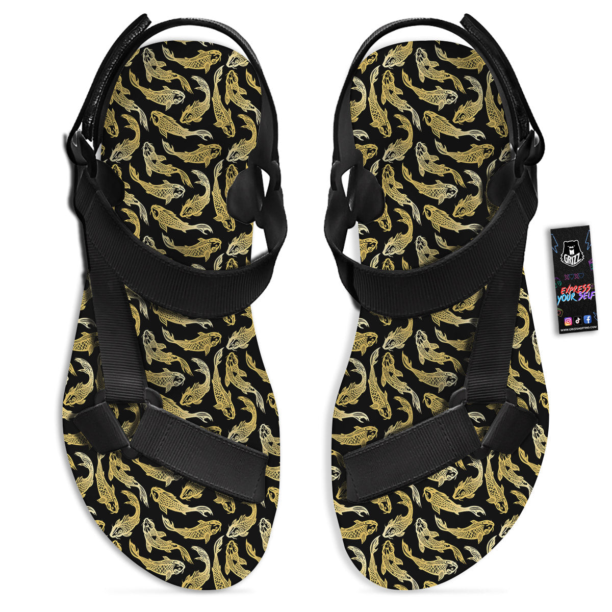 Carp Koi Golden Chinese Print Pattern Black Open Toe Sandals-grizzshop