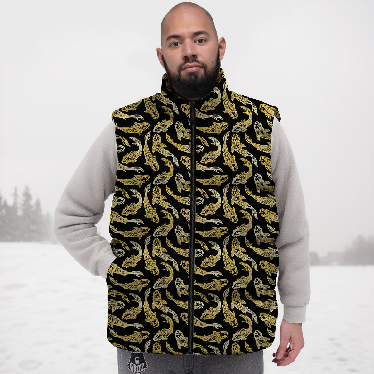 Carp Koi Golden Chinese Print Pattern Down Vest