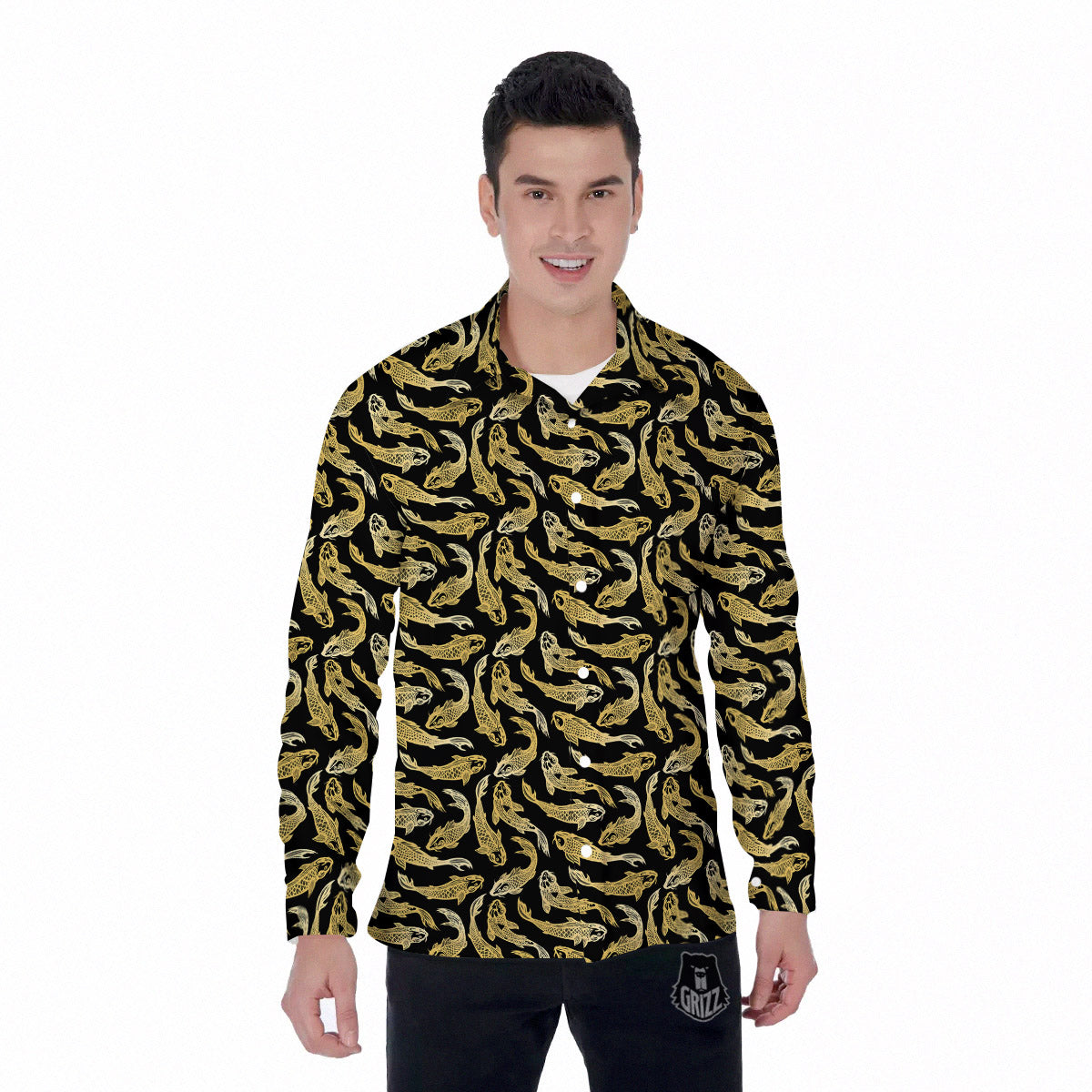 Carp Koi Golden Chinese Print Pattern Men's Long Sleeve Shirts-grizzshop