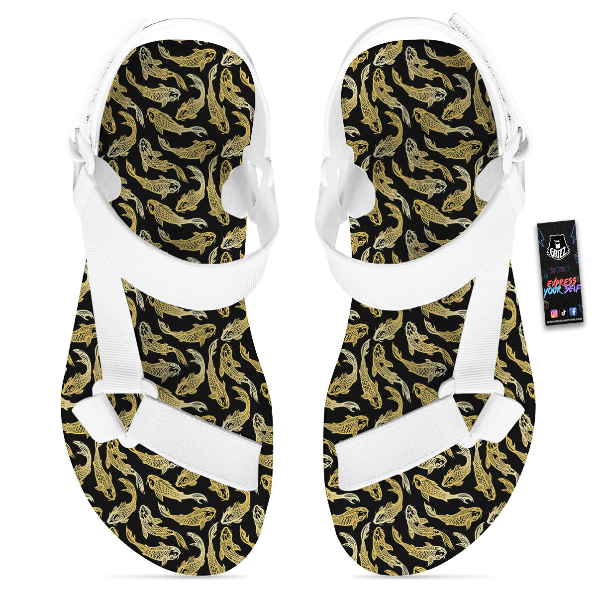 Carp Koi Golden Chinese Print Pattern White Open Toe Sandals-grizzshop