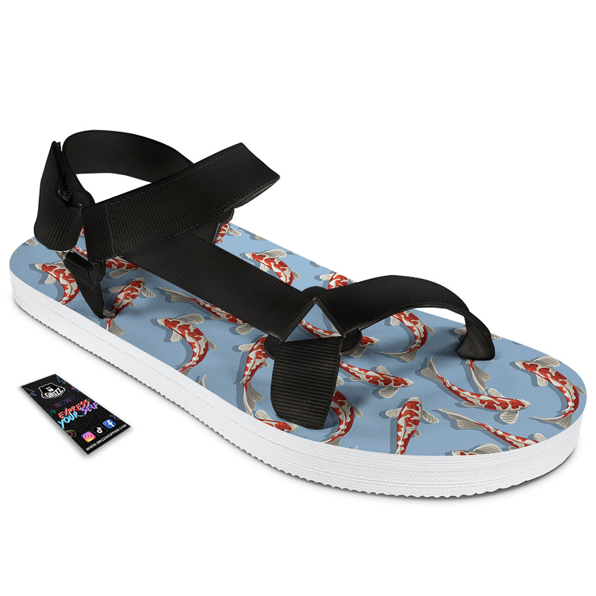 Carp Koi Print Pattern Black Open Toe Sandals-grizzshop