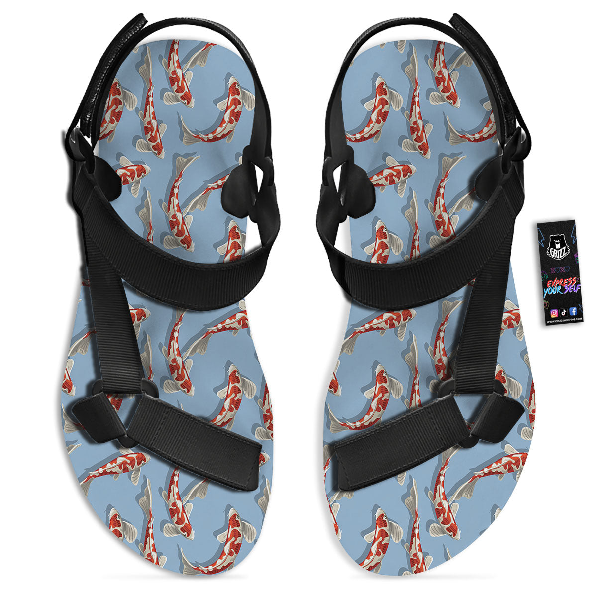 Carp Koi Print Pattern Black Open Toe Sandals-grizzshop