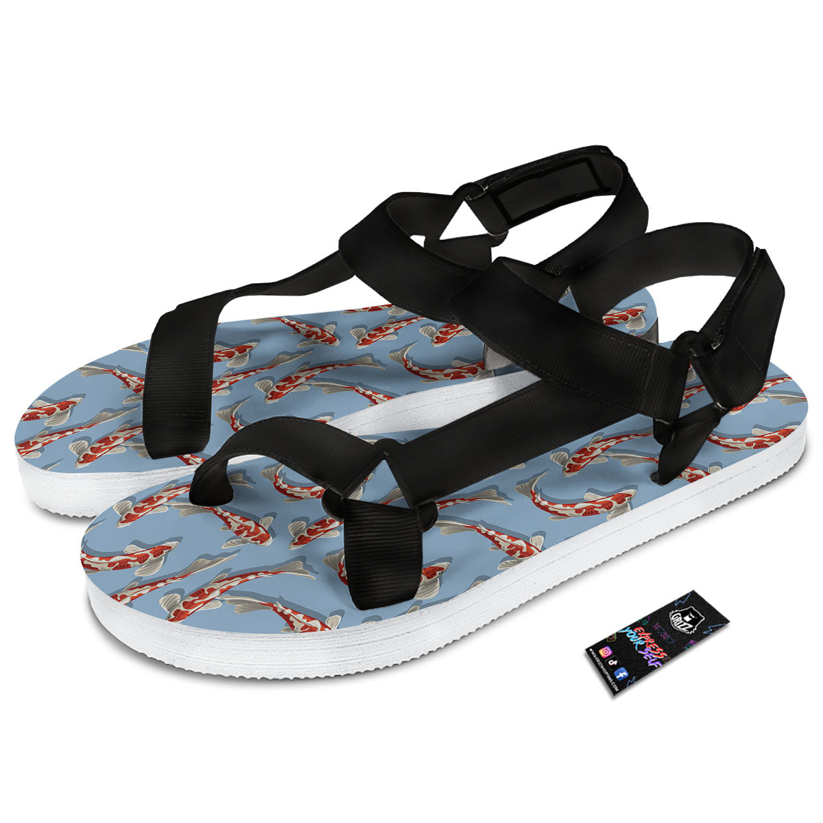 Carp Koi Print Pattern Black Open Toe Sandals-grizzshop