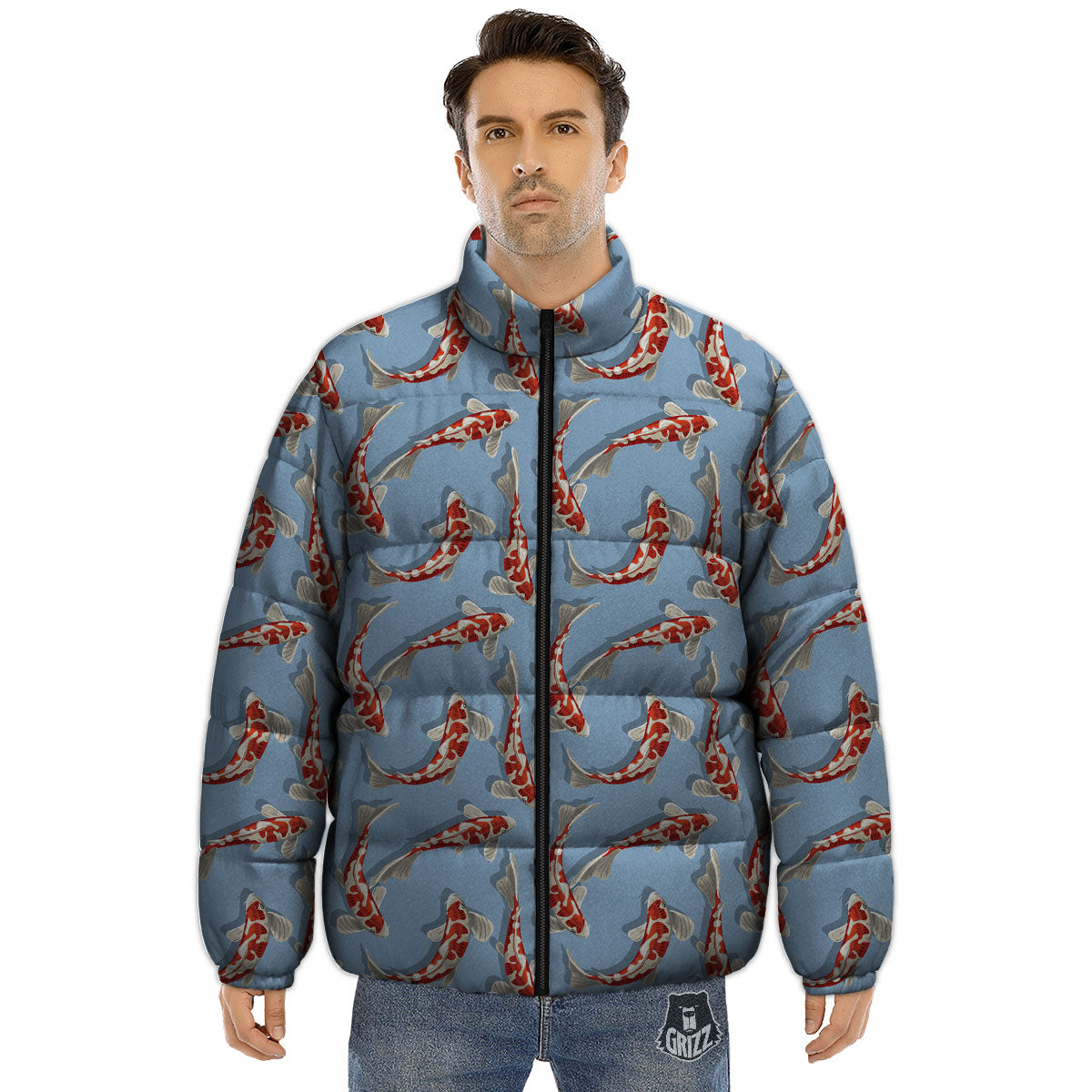 Carp Koi Print Pattern Puffer Jacket-grizzshop
