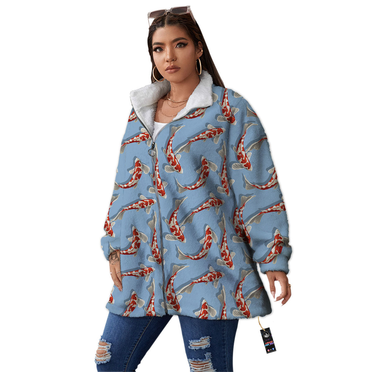 Carp Koi Print Pattern Women's Sherpa Jacket-grizzshop
