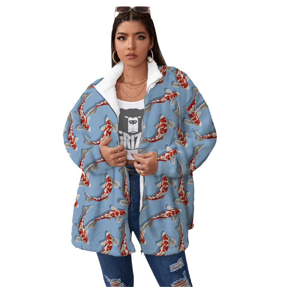 Carp Koi Print Pattern Women's Sherpa Jacket-grizzshop
