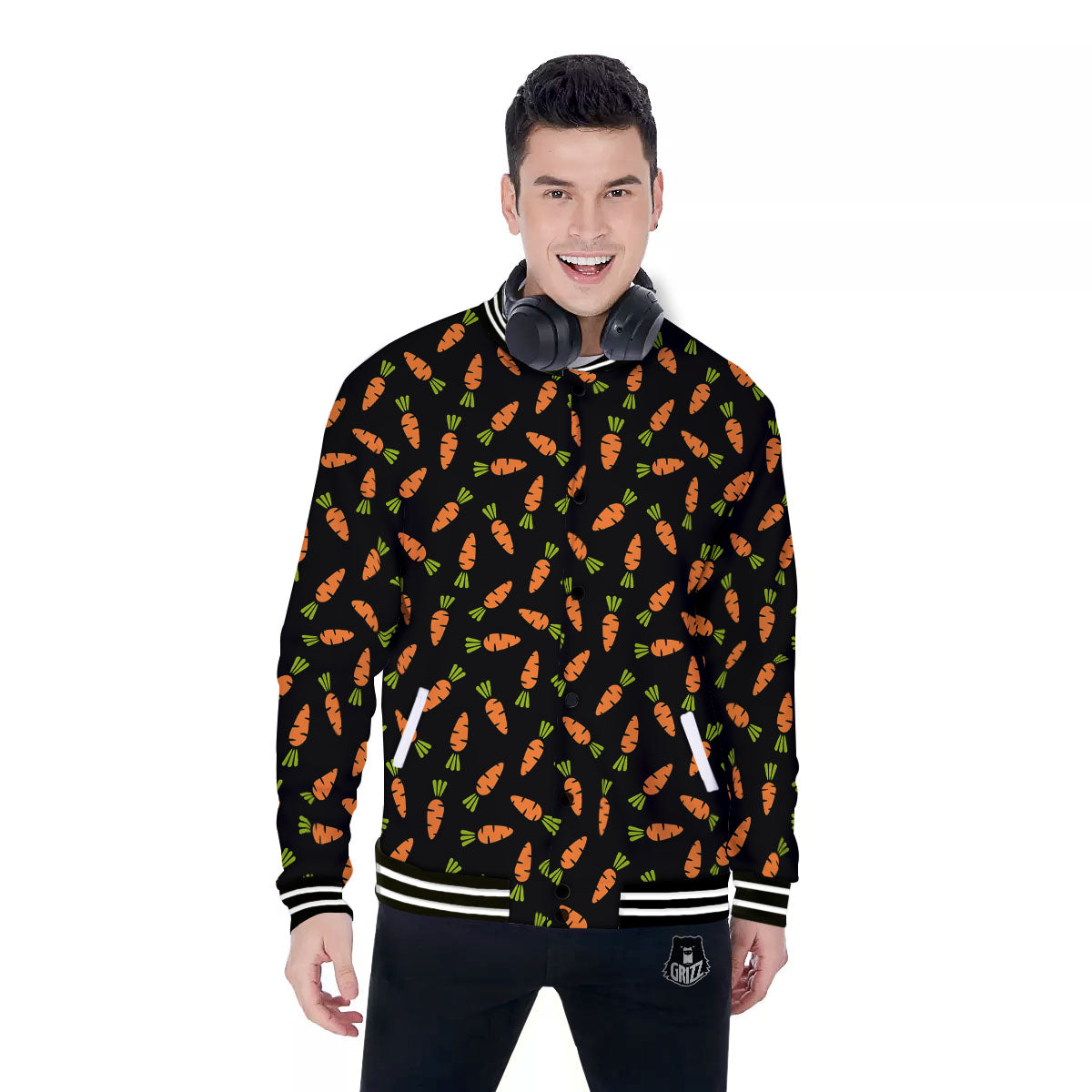 Carrot Black Print Pattern Baseball Jacket-grizzshop