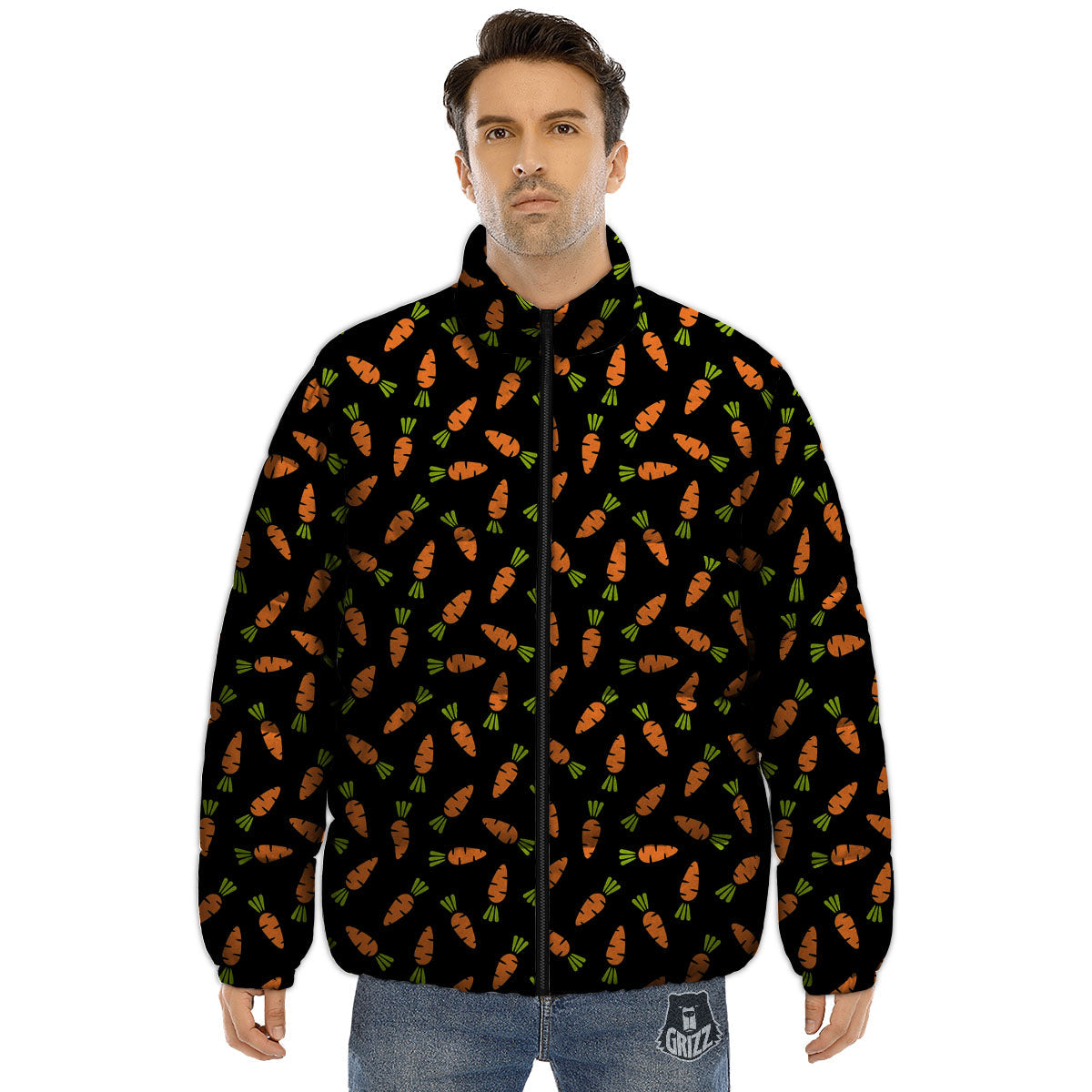Carrot Black Print Pattern Puffer Jacket-grizzshop