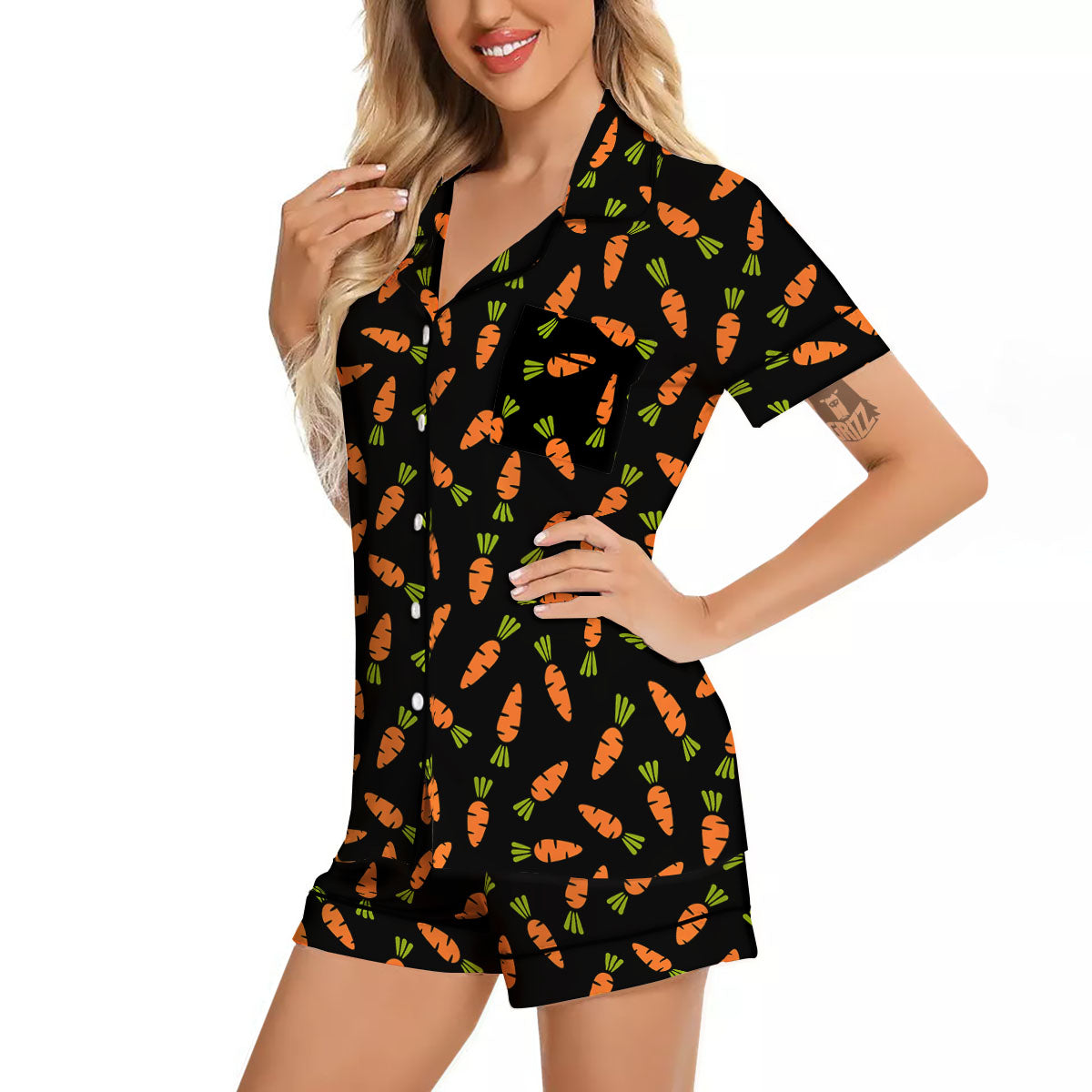 Carrot Black Print Pattern Women Silk Pajamas-grizzshop