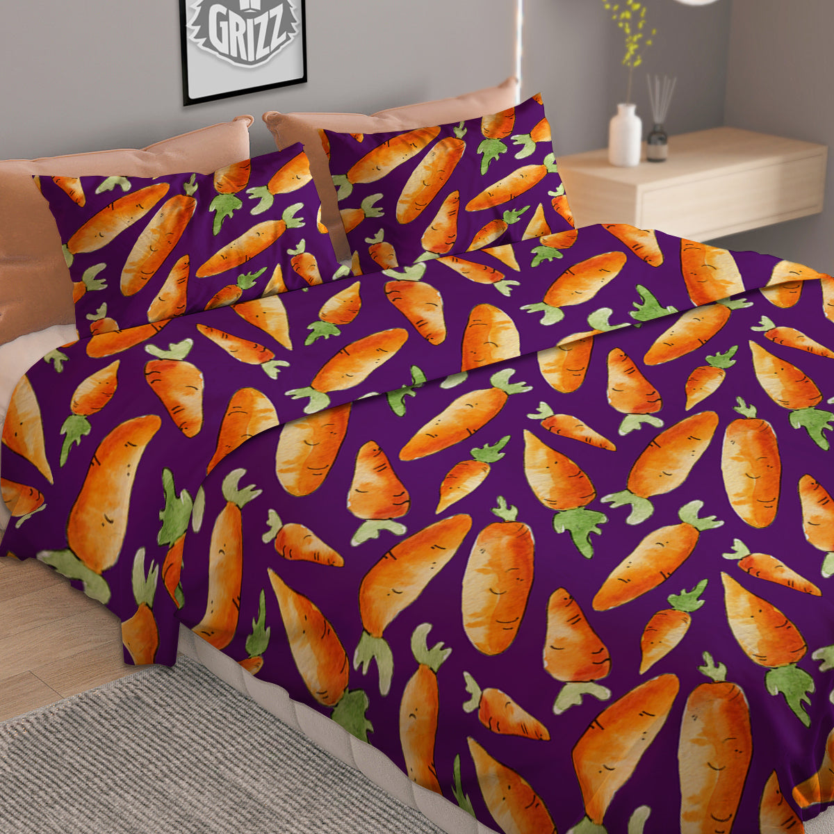 Carrot Watercolor Print Pattern Duvet Cover Bedding Set