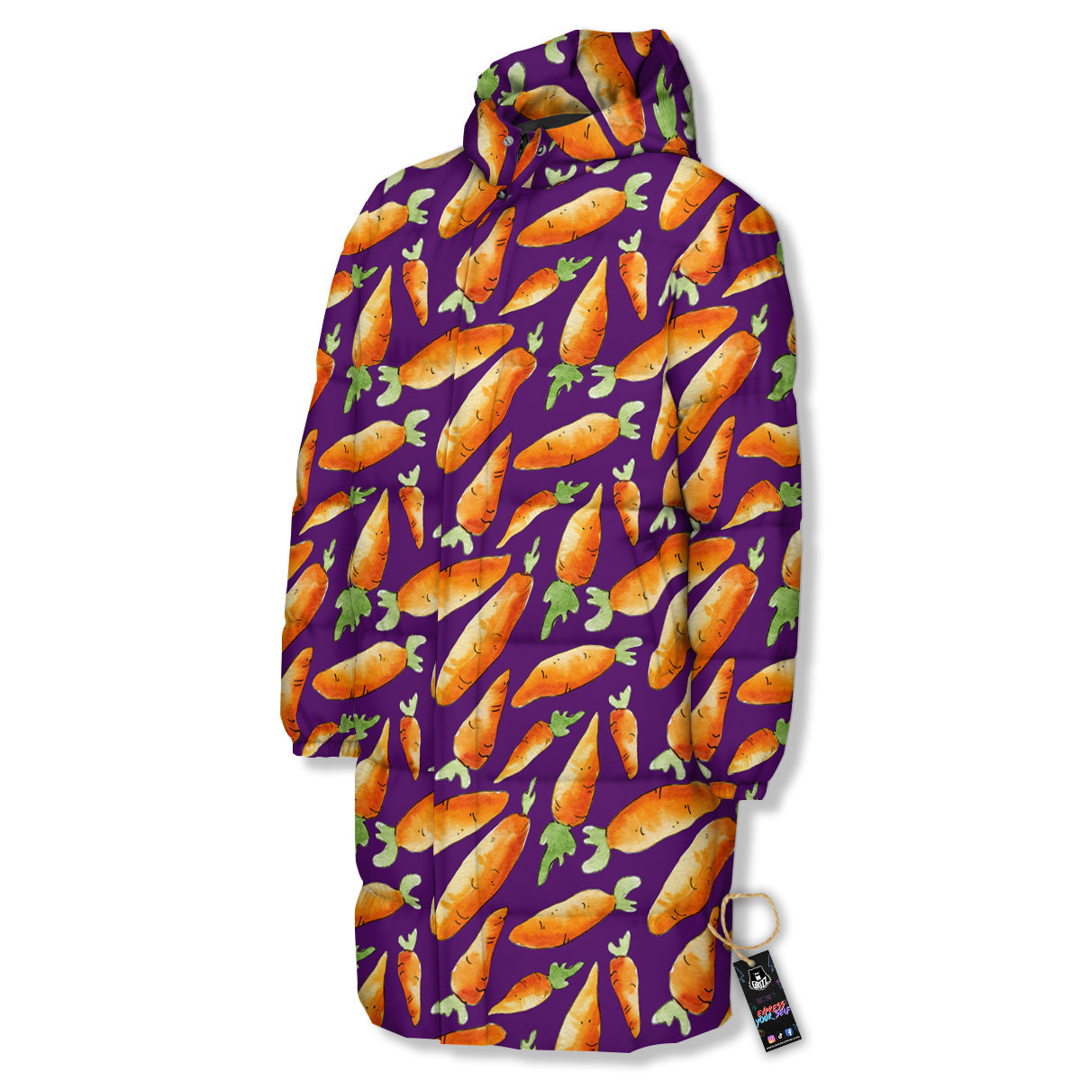 Carrot Watercolor Print Pattern Long Down Jacket-grizzshop