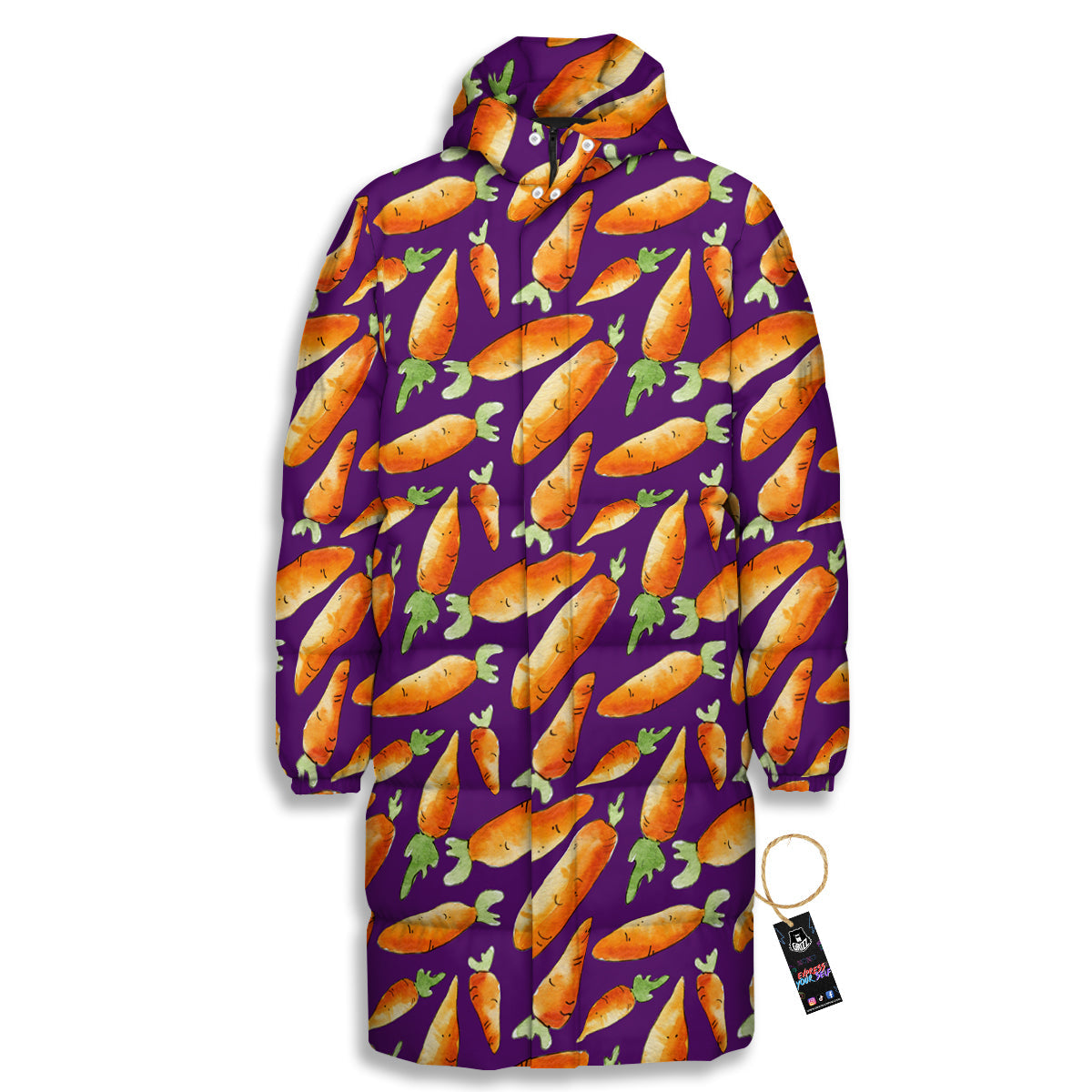 Carrot Watercolor Print Pattern Long Down Jacket-grizzshop