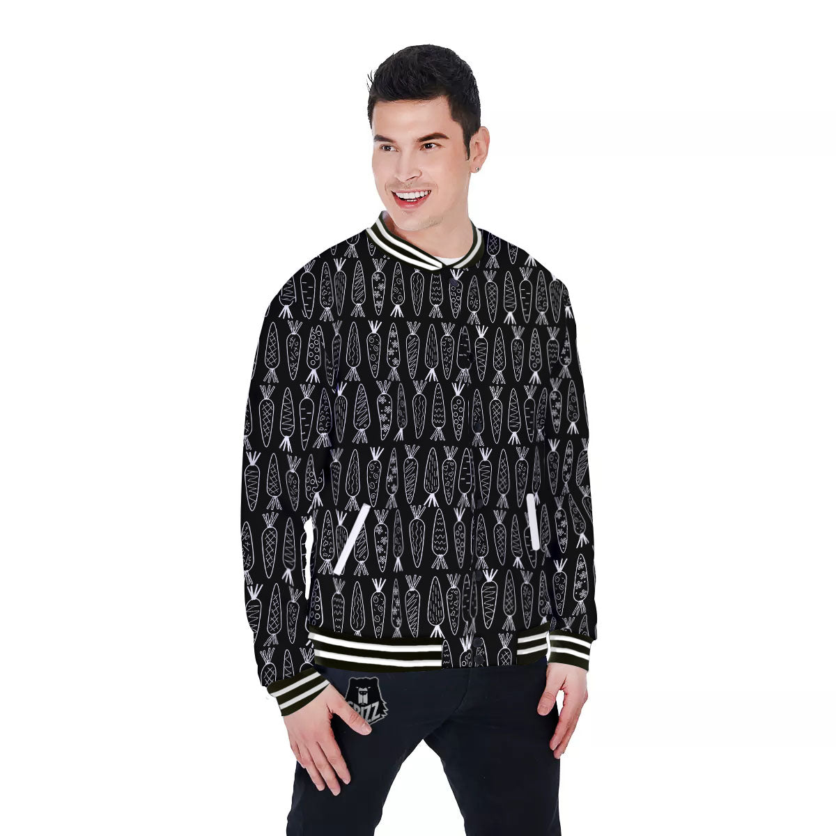 Carrot White And Black Print Pattern Baseball Jacket-grizzshop