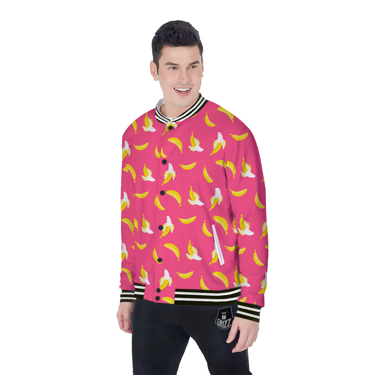 Cartoon Banana Pink Print Pattern Baseball Jacket-grizzshop