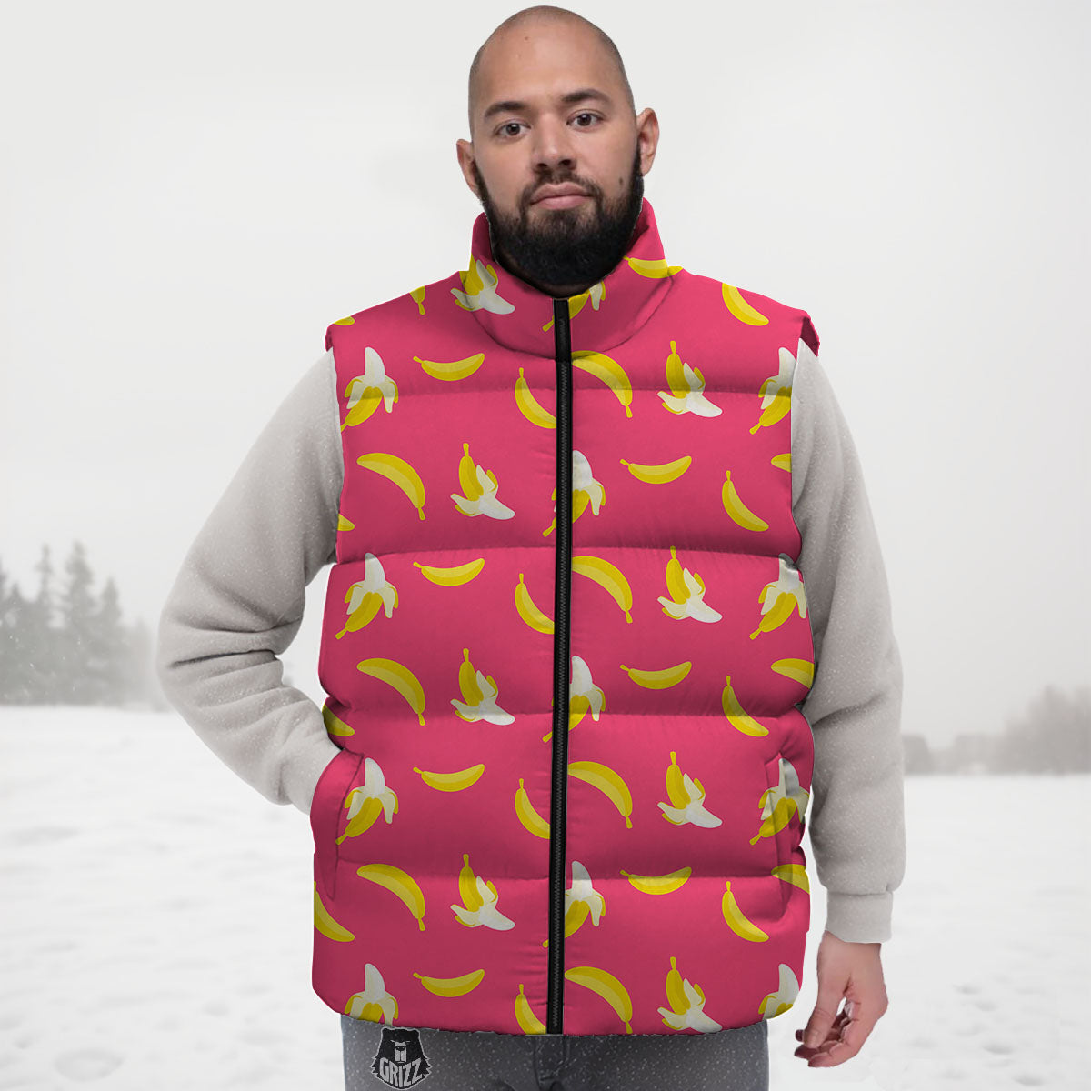 Cartoon Banana Pink Print Pattern Down Vest