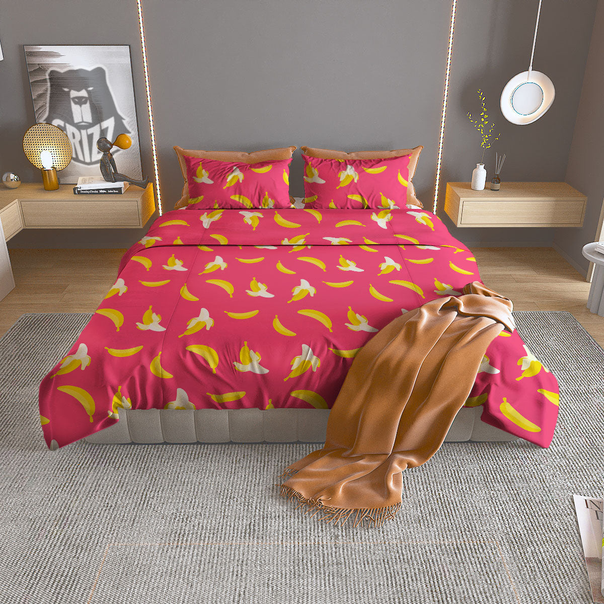 Cartoon Banana Pink Print Pattern Duvet Cover Bedding Set