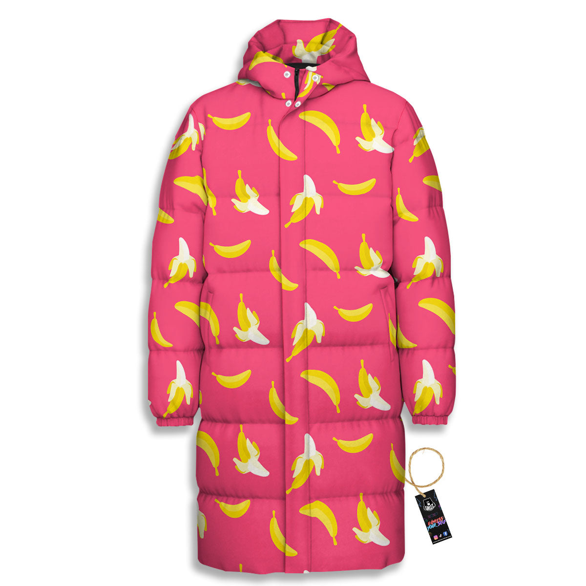 Cartoon Banana Pink Print Pattern Long Down Jacket-grizzshop