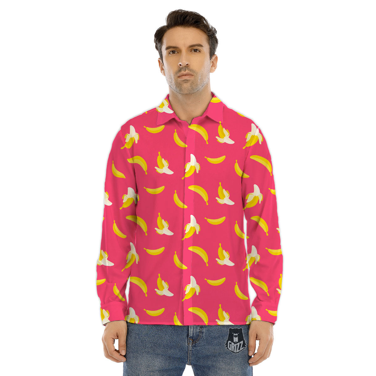 Cartoon Banana Pink Print Pattern Men's Dress Shirts-grizzshop
