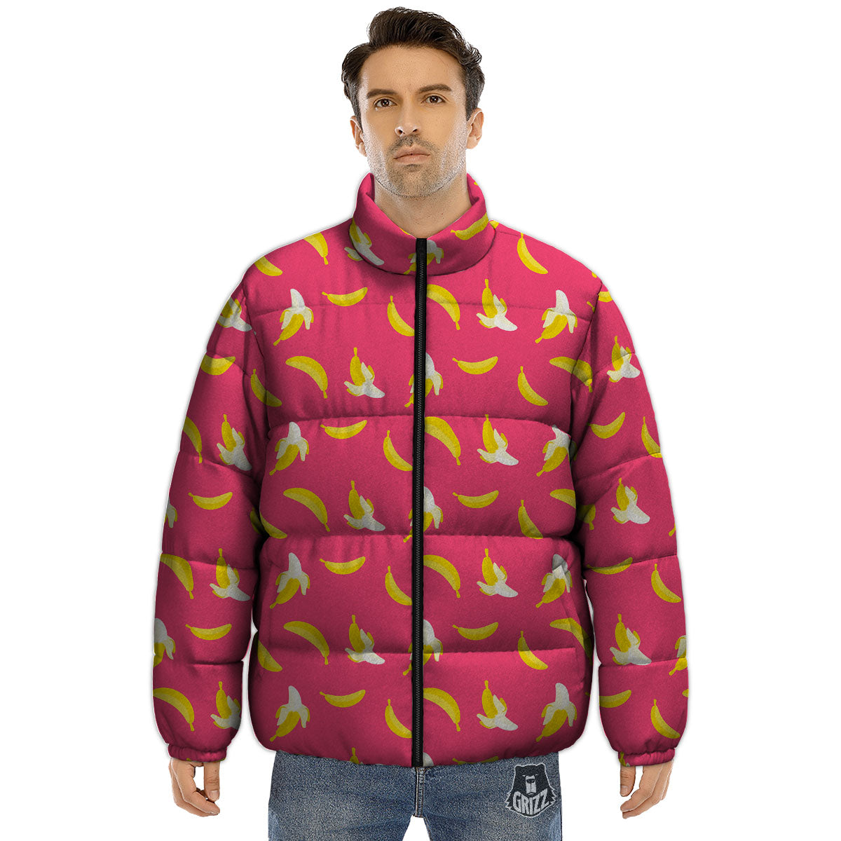 Cartoon Banana Pink Print Pattern Puffer Jacket-grizzshop